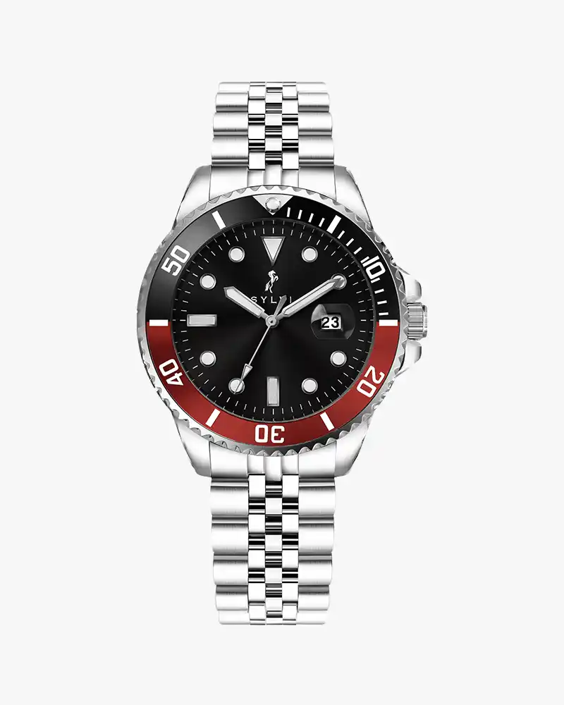 OceanBlackRedSilverStainlessSteelWatch